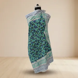 Aqua Blue Floral Hand Block Printed Cotton <b>Sarong</b> Scarf with Decorative Border Lightweight Beach Wrap Stole for Women - Product Image 2