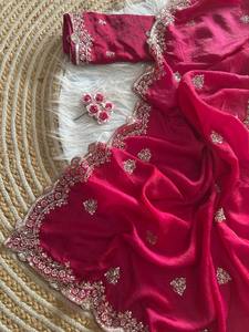 <b>Red</b> color Indian Summer Wedding Party Wear Bridal Saree Fancy Bollywood Designer Heavy <b>Silk</b> Thread Diamond Work Quick Dry - Product Image 5