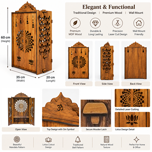 Armoire de prière hindoue en bois artisanale |   Temple découpé au laser avec motif de lotus et de cloche |   Boîte de prière pour autel domestique |   35×20×60 cm - Product Image 6