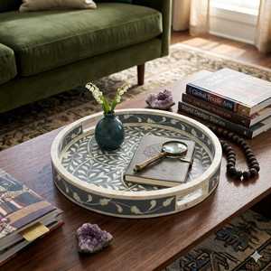 Elegant Round Bone Inlay Vanity Organizer <b>Tray</b> Handmade Decorative Storage for <b>Perfume</b> Makeup Jewelry and Bathroom Essentials - Product Image 1