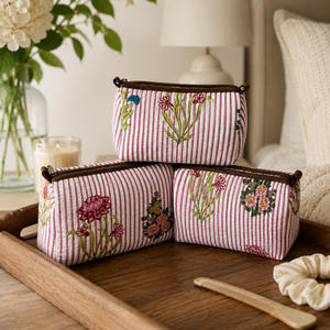 Elegant Pink Floral 3 Piece Cosmetic Pouch Set Quilted Cotton Makeup <b>Bags</b> for Women Travel <b>Vanity</b> Toiletry Organizer Gift Set - Product Image 4