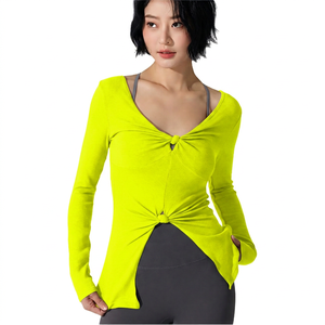 เสื้อโยคะแขนยาวสีม่วงสำหรับผู้หญิง ดีไซน์คอพันด้านหน้า ระบายอากาศได้ดี ทรงปกติ สีพื้น เสื้อกีฬา - Product Image 6