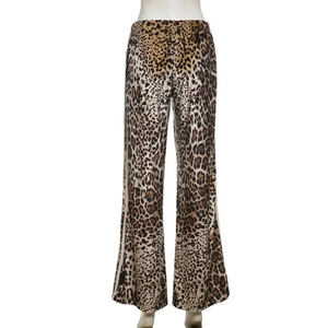 Pantalon évasé taille haute pour femme, imprimé léopard, longueur intégrale, taille élastique, style décontracté d'été, coupe ample, en tissu mousseline - Product Image 1