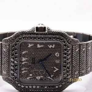 Montre de luxe en quartz noir glacé, entièrement sertie de diamants moissanite noirs, boîtier carré tonneau, bracelet en acier inoxydable, mode masculine - Product Image 3