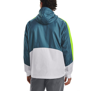 Veste de course coupe-vent à capuche pour homme, bleu, blanc, vert fluo, color block, fermeture éclair sur le devant, décontractée, pour le printemps - Product Image 3