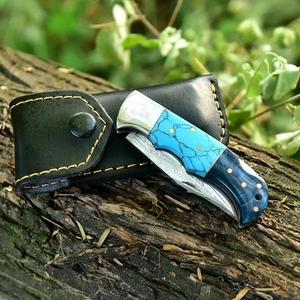 Cuchillo de Caza de Acero de Damasco con Hoja Recta y Mango Azul, Grosor de 0.6mm, Cuchillo Plegable de Bolsillo - Product Image 5