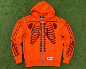 Salstar High Quality <b>Men's</b> <b>Orange</b> Hooded Zip-Up <b>Sweatshirt</b> Skeleton Print Casual Winter Wear - Product Image 6
