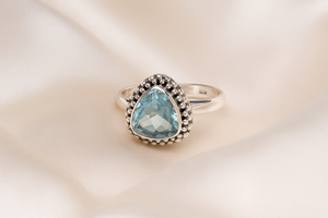 Pure 925 Sterling Silver Pear Blue Topaz Handmade Vintage Beaded <b>Statement</b> <b>Ring</b> 18K Rose Gold Yellow Gold Plated Jewelry - Product Image 5