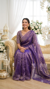 AARA Fashion Purple Silk <b>Saree</b> <b>Golden</b> Embroidery Traditional Indian Wedding Wear for Women Floor-Length Regular Fit Sun - Product Image 5