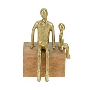 Gold Plated Figurine Sculpture Minimalist Art Couple Sitting On Wooden Base Tabletop Ornament 20.5 Cm Height Living Room Decor - Product Image 1