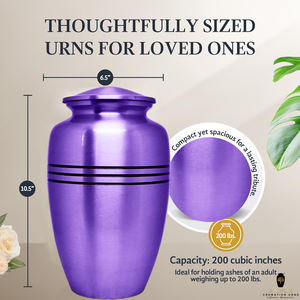 Urne funéraire en métal violet mat pour cendres humaines adultes |   Bandes noires au design moderne |   Capacité écologique de 220 pouces cubes - Product Image 4