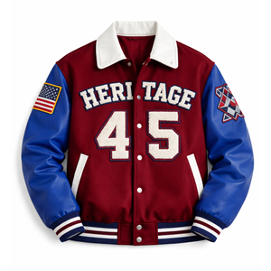 เสื้อแจ็คเก็ตวาร์ซิตี้ผู้ชาย แบรนด์ Men High Street  ผ้าขนสัตว์ หนัง  ปักอักษร  ปักลายเชนิลล์  เสื้อแจ็คเก็ตเบสบอลแบบสั่งทำ - Product Image 1