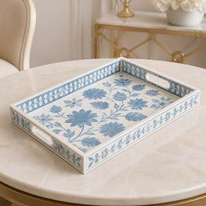 Bandeja Otomana Artesanal de Hueso con Incrustaciones de Concha, Decorativa Floral/Geométrica, para Mesa de Centro, Diseño Moderno Rústico - Product Image 3