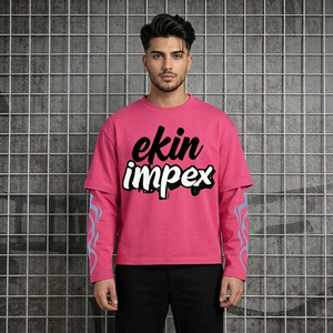 OEM ODM Custom Men Oversized Two Piece Long Sleeve T-<b>Shirt</b> <b>Flame</b> Print Drop Shoulder Heavyweight 300GSM Cotton Streetwear Tee - Product Image 3