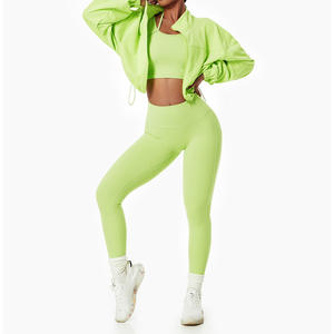 Ensemble de yoga 2 pièces rose tendance : Leggings taille haute et crop top à manches longues zippées en polaire respirante, couleur unie, tenue de sport - Product Image 5