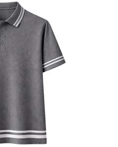 Polo gris personalizado para hombre, mezcla de algodón, informal, de manga corta, para verano, con cuello, puños y dobladillo con diseño de rayas en contraste. - Product Image 2