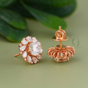 Élégantes boucles d'oreilles en diamant de 2,08 carats, motif floral, or rose 14 carats, halo rond en poire, VVS/EF, bijoux de déclaration cultivés en laboratoire, cadeau - Product Image 3