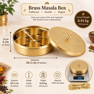 Handcrafted Brass Spice Box Masala Dabba Organizer <b>Container</b> Set Engraved <b>Lid</b> Spoon Indian Kitchen Storage Round Golden Holder - Product Image 6