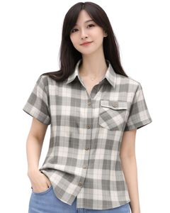 Custom Grey And White Plaid Womens Short Sleeve Button Up Shirt Casual Summer Lightweight Breathable <b>Checkered</b> <b>Top</b> With Pocket - Product Image 1