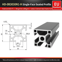 Profilé d'extrusion en aluminium industriel 30x30 à fente en T fermée d'un côté, 6063-T5, anodisé noir sablé, pour cadres de machines