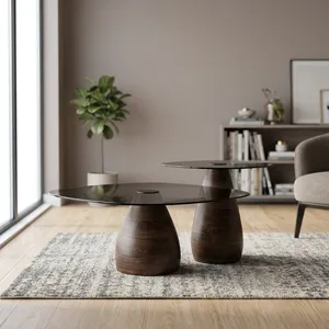 Modern Round Coffee <b>Table</b> With Tempered Glass Top And Wooden Base <b>Nesting</b> Design Living Room Furniture - Product Image 2
