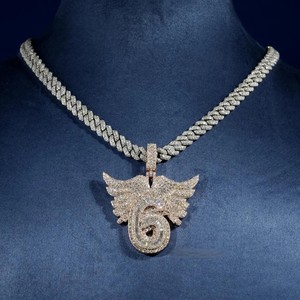 Collier pendentif numéro 6 en forme d'aile, style Hip Hop, serti de moissanite VVS, en argent sterling 925, bijoux personnalisés pour rappeurs, pour hommes - Product Image 3