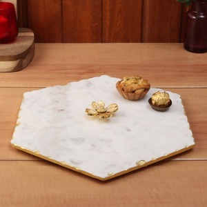 New Rectangular White Stone Tray With Tree Stem Designed Golden Handle For Table <b>Decoration</b> And Kitchen Use - Product Image 5