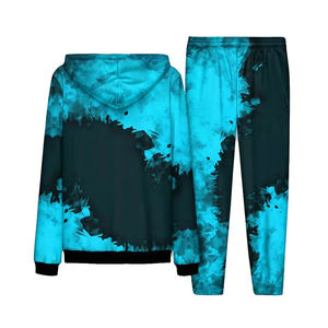 Ensemble de survêtement pour homme avec capuche et fermeture éclair intégrale, imprimé tie-dye bleu abstrait, sweat-shirt à manches longues et pantalon de jogging, ensemble de vêtements de sport OEM - Product Image 2