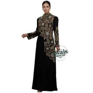 Imported Velvet Crystal Sequined Beading Solid Floor-Length Long Sleeve Modest Simple Abaya <b>Kaftan</b> <b>Dress</b> for Eid Occasions - Product Image 2