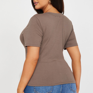 T-shirt en maille de coton pour femme, coupe ajustée, décontracté, confortable, respirant, tricoté, asymétrique, épaule dénudée, logo personnalisé - Product Image 2