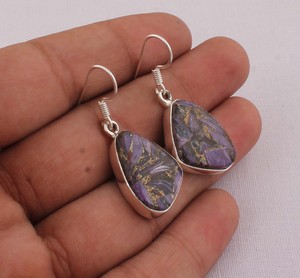 925 Sterling Silver Purple Copper Charoite <b>Earrings</b> Natural Composite Gemstone Triangular Dangle <b>Earrings</b> <b>Handmade</b> Jewelry - Product Image 2