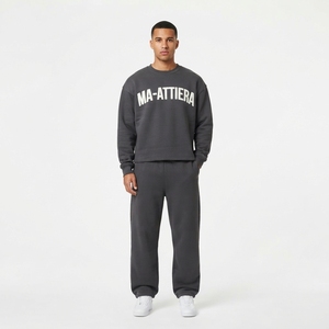 Men <b>Charcoal</b> Gray Crewneck Sweatshirt <b>Jogger</b> Set Oversized Graphic Print Casual Streetwear Matching Tracksuit Two Piece - Product Image 1
