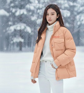 Women's Peach Quilted Jacket <b>Stand</b> Collar Full Sleeve Polyester Wadding Windproof Winter Coat Logo Front - Product Image 2