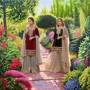 Conjunto de Fiesta Moderno TOP PLAZZO DUPATTA de Georgette Pesado con Bordado de Lentejuelas y Trabajo Dori, de Secado Rápido, Largo hasta la Rodilla - Product Image 1