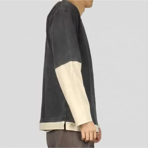 Camiseta de manga larga para hombre, cuello redondo, color negro y crema, con ribete en contraste, estilo casual, corte regular, en oferta online. - Product Image 3
