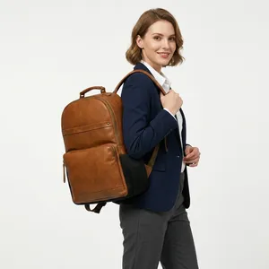 Classic Genuine Leather Breathable Laptop <b>Backpack</b> with Zipper Closure Front Pocket Unisex Softback 24L Capacity Office Use - Product Image 2
