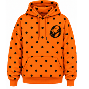 Sudadera con Capucha para Mujer, Color Naranja Brillante con Puntos Negros, Estilo Holgado, Manga Larga, con Cordón Ajustable y Bolsillo Tipo Canguro, Informal - Product Image 1