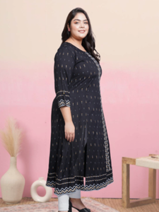 Kurti Anarkali de Rayón para Mujer, Talla Grande, Estampado Geométrico Negro, Cuello Redondo, Mangas Tres Cuartos, Cómodo para Uso Diario - Product Image 2