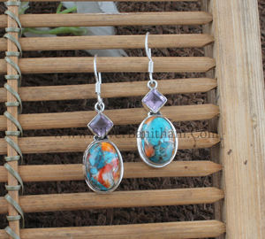 Boucles d'oreilles pendantes en argent sterling 925 avec coquille d'huître épineuse naturelle, turquoise et pierres précieuses composites orange et bleues, style bohème, cadeau de fête - Product Image 5