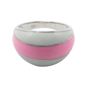 Luxury 925 Sterling Silver Rhodium Plated Three Stone Zircon Bezel Setting Pink White Enamel <b>Dome</b> <b>Ring</b> for Women Engagement - Product Image 4