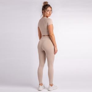 Conjunto de 2 piezas de top corto de manga corta y leggings de cintura alta para mujer, de elastano y poliéster, para yoga, con cuello redondo, capa base - Product Image 3