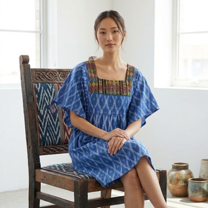 Vestido Mini Azul de Algodón Ikat para Mujer, con Bordado en el Pecho, Mangas con Volantes, Corte Holgado, Informal, para Uso Diario de Verano - Product Image 3