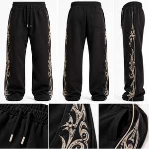 Pantalon de survêtement pour homme noir brodé, 100% coton molletonné, taille élastique avec cordon de serrage, coupe décontractée à jambe large, idéal pour l'hiver - Product Image 6