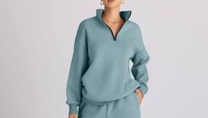 Women's Light Blue Half-<b>Zip</b> Tracksuit Set Full Sleeve Solid Color Casual Sweatshirt And Pants With Side Pockets Autumn Wear - Product Image 2