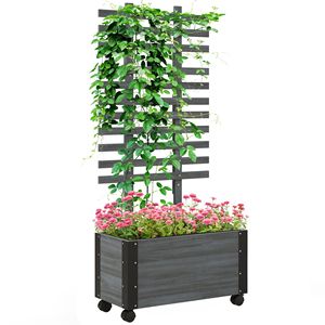Fioriera Rialzata Portatile in Legno Grigio su Ruote con Traliccio e Angoli in Metallo, Vaso per Bonsai da 8 Pollici per Uso Esterno - Product Image 1