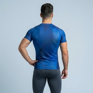Men's Blue Compression Sport Shirt Short Sleeve O-Neck Quick Dry Slim Fit Knitted Performance Activewear Top - Product Image 2