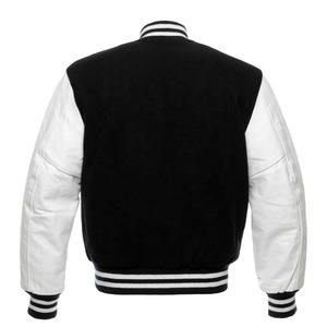 Veste bomber universitaire en laine noire avec manches en cuir noir, style décontracté pour hommes et femmes - Product Image 5