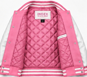 INDEX Varsity <b>Jacket</b> <b>Pink</b> White Sleeve Embroidered Logo Turn-down Collar Button Closure Autumn Wear Unisex Preppy Style - Product Image 5