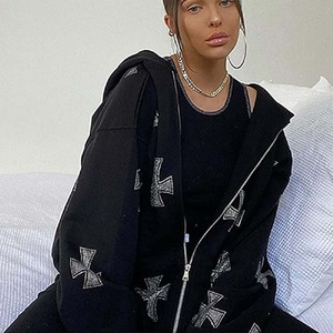 Sudadera Negra Extra Grande con Capucha y Cremallera, con Estampado de Cruz Brillante, Estilo Gótico Unisex, Prenda de Otoño, Tejida, Manga Regular - Product Image 2