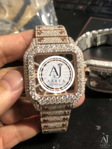 Reloj Mecánico Cuadrado de Acero Inoxidable con Diseño Hueco de Aarva Jewels, Estilo Hip Hop con Diamantes y Acabado en Oro Rosa - Product Image 1